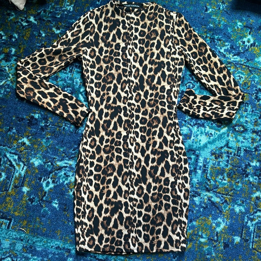 Naked Wardrobe Leopard Print Long Sleeve Dress